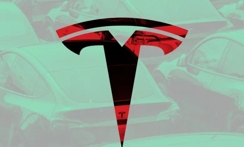Tesla logo overlaid on a sea of Tesla cars, in red and teal.