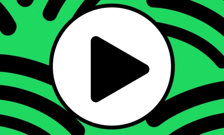 Play button icon on a bright green background with black wave patterns.