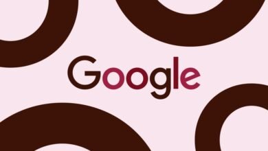 Google logo with maroon and dark brown accents on a light pink background, surrounded by dark brown circular shapes.