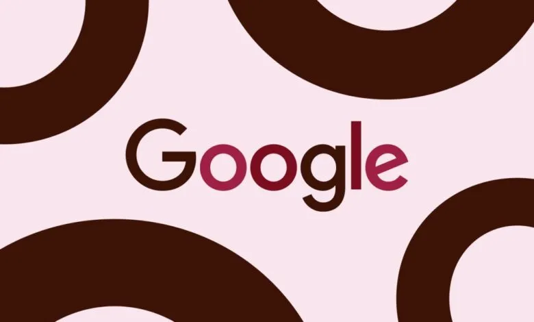 Google logo with maroon and dark brown accents on a light pink background, surrounded by abstract dark brown circular shapes.