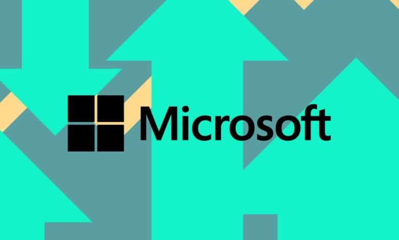 Microsoft logo with Windows logo, surrounded by teal and beige upward and downward arrows.