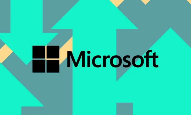 Microsoft logo with Windows logo, surrounded by teal and beige upward and downward arrows.