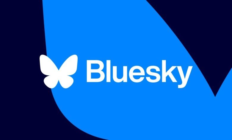 Bluesky social media logo: white butterfly and wordmark on blue and dark blue background.