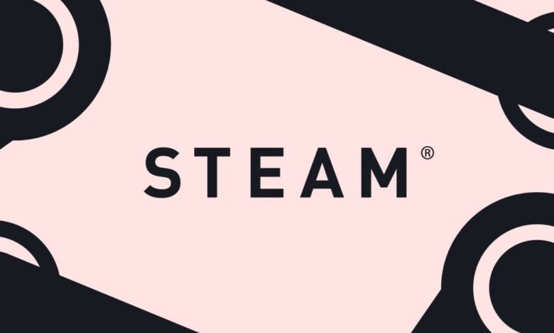 Steam logo on a pale pink background with dark gray abstract shapes.
