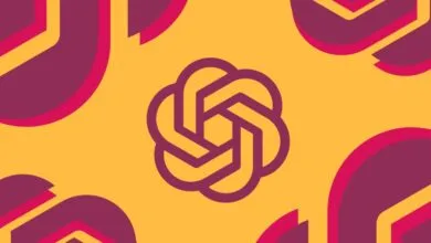 Abstract geometric design with a central rosette and curved shapes in shades of purple and orange.