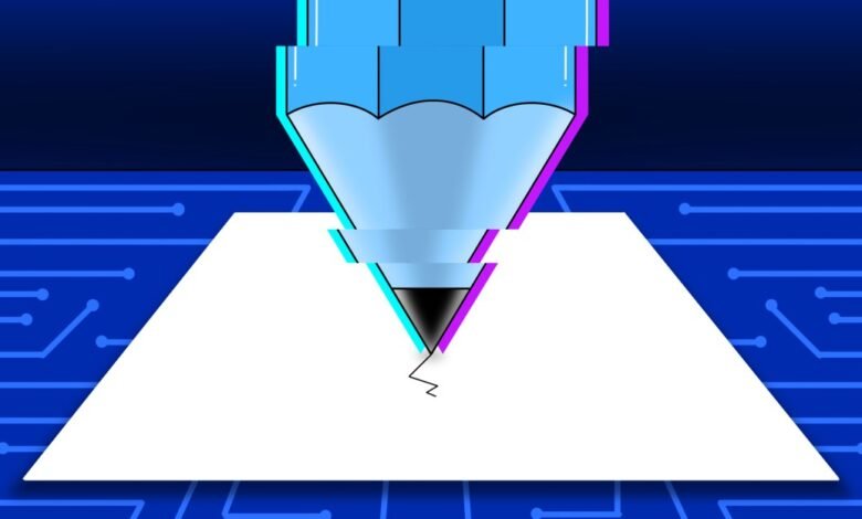 A digital pencil writes on a white page over a blue circuit board, symbolizing AI writing.