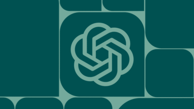 OpenAI logo in light teal on a dark teal background with rounded square patterns.