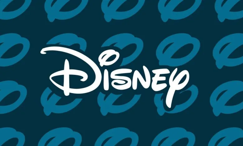 Disney logo in white with teal background pattern.