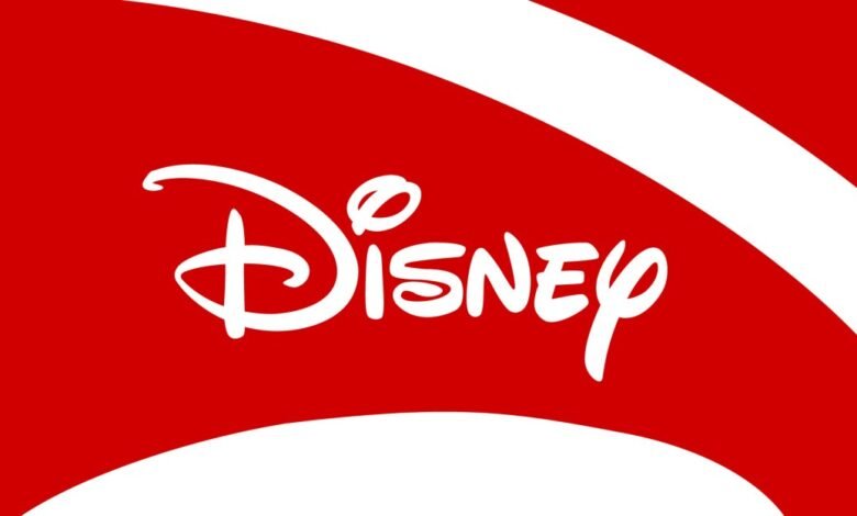 The Disney logo in white lettering on a red background with white curved lines.