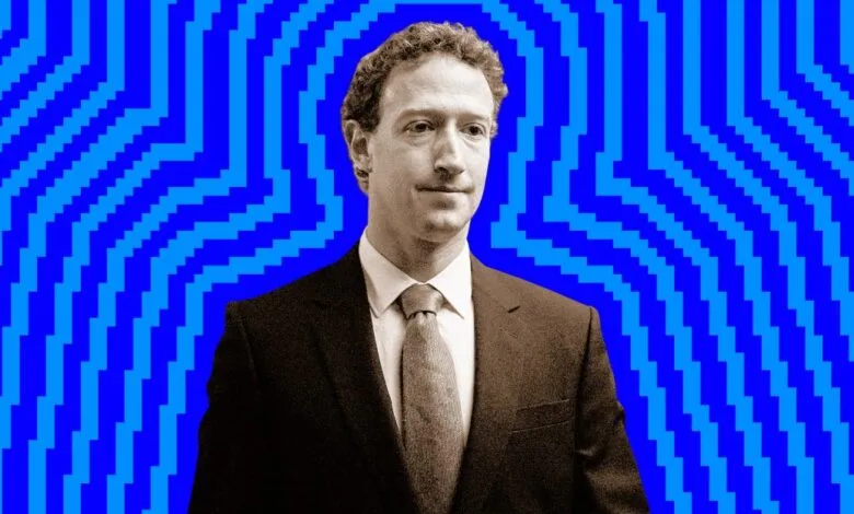 Mark Zuckerberg, Meta CEO, portrait against a blue pixelated background.