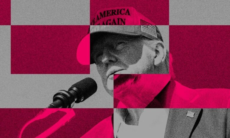 Fragmented portrait of Donald Trump speaking into a microphone, with pink and gray squares.