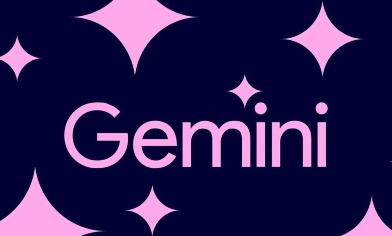 Gemini logo: Pink lettering on a dark blue background with pink star shapes.