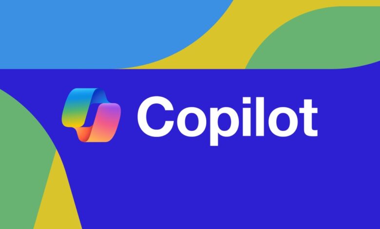 Microsoft Copilot logo on a vibrant blue background with colorful abstract shapes.