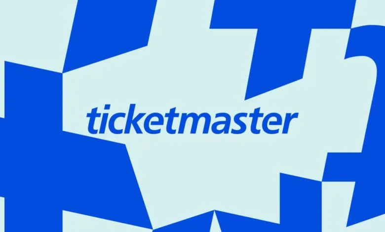 Ticketmaster logo displayed with blue geometric shapes on a light blue background.