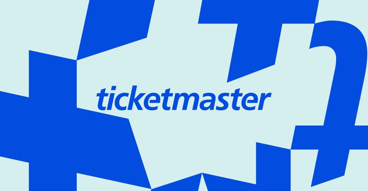 Ticketmaster logo displayed with blue geometric shapes on a light blue background.
