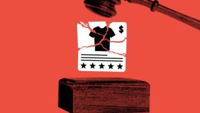 Gavel falls on a cracked product review for a t-shirt, symbolizing legal issues or failed product.