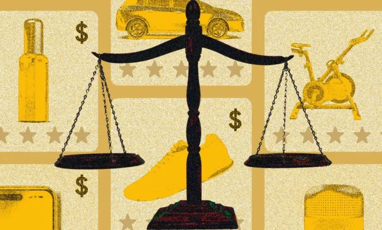 Scales of justice with various products (car, shoes, exercise bike) representing consumer choices and value.