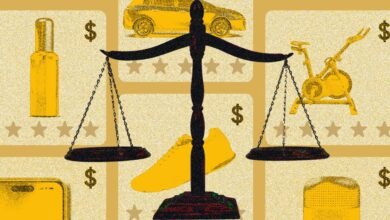 Scales of justice with various products (car, shoes, exercise bike) symbolizing consumer choices and value.