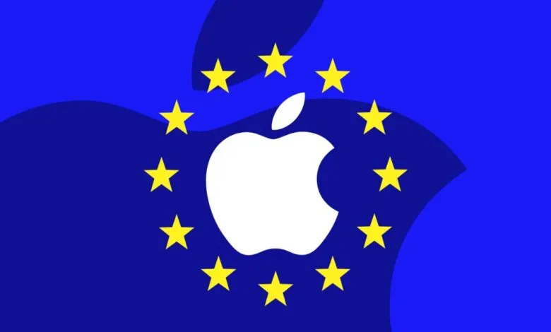 Apple logo overlaid on a stylized EU flag, symbolizing Apple's presence in Europe.