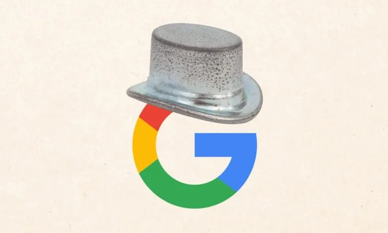 Google logo with a Monopoly top hat piece on top, symbolizing antitrust concerns.
