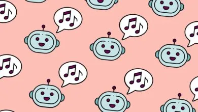 Repeating pattern of happy robots and music notes in speech bubbles on a pink background.