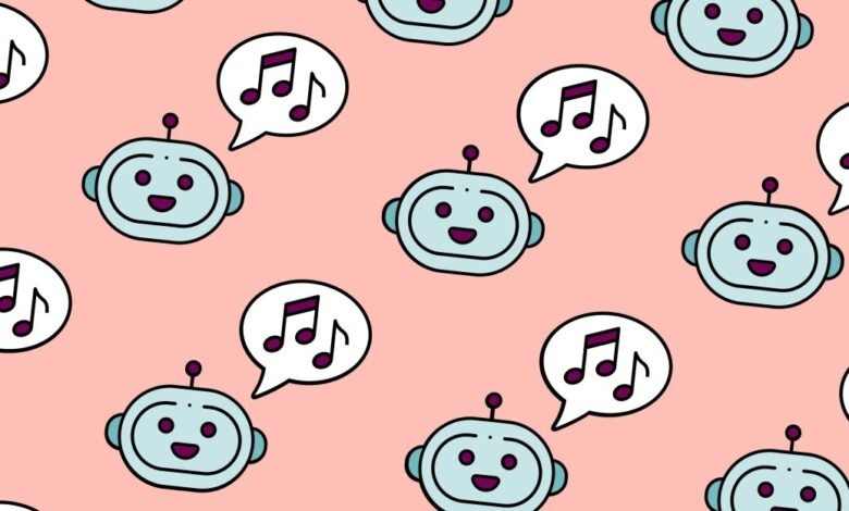 Repeating pattern of happy robots and music notes in speech bubbles on a pink background.