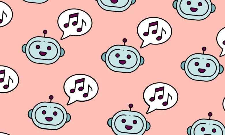 Repeating pattern of happy robots and music notes in speech bubbles on a pink background.