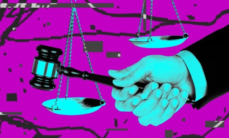 A hand in a suit holds a gavel over a set of scales against a vibrant purple background with glitch art elements.