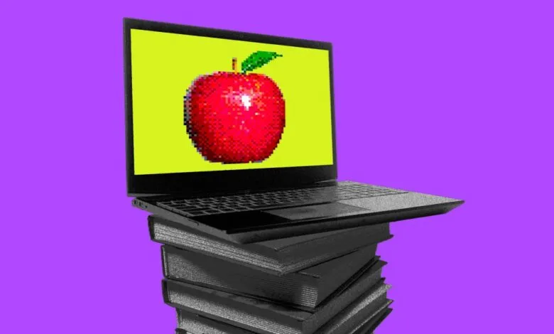 Laptop displaying a pixelated apple sits atop a stack of books against a purple background.