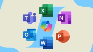 Microsoft Office suite apps: Teams, Outlook, Word, Excel, PowerPoint, and OneNote, displayed with vibrant colors on a light background.