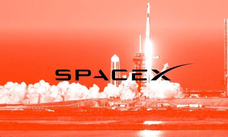 SpaceX rocket launching, fiery orange sky, white smoke trails.