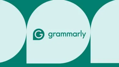 Grammarly logo on a teal and light blue background.
