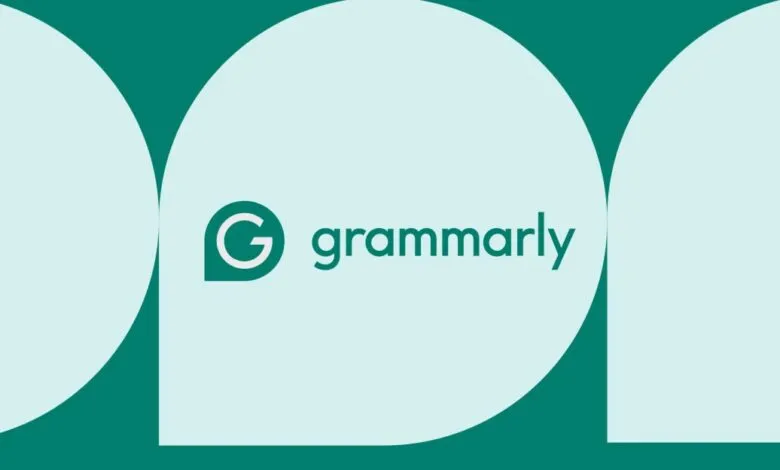 Grammarly logo on a teal and light blue background.