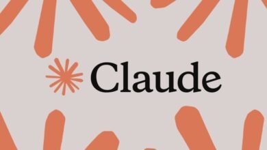 Claude logo: black text on a light gray background with coral-colored abstract shapes.