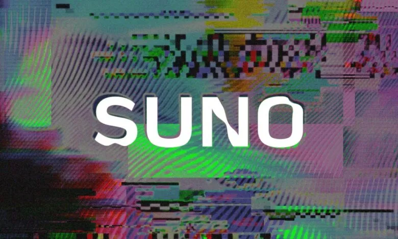 The word SUNO in large white letters against a glitch art background with digital distortion.