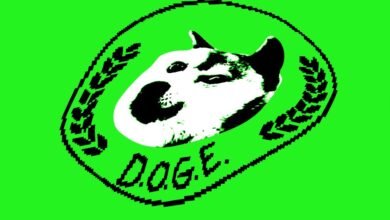 Doge meme in a pixelated, circular logo with laurel wreath, on a bright green background.