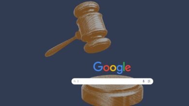 Gavel and sound block over a Google search bar, symbolizing legal action against Google.