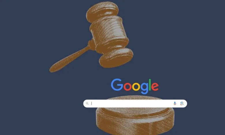 Gavel and sound block over a Google search bar, symbolizing legal action against Google.