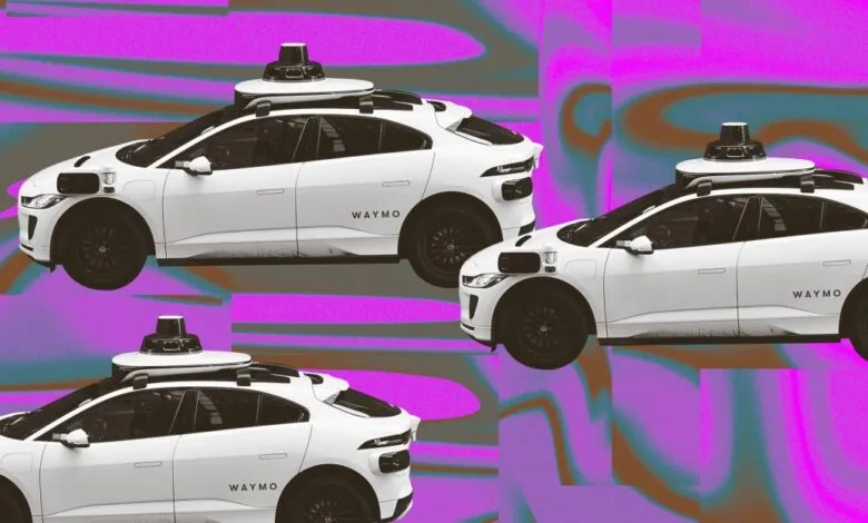 Three white Waymo self-driving cars on a vibrant purple and brown abstract background.