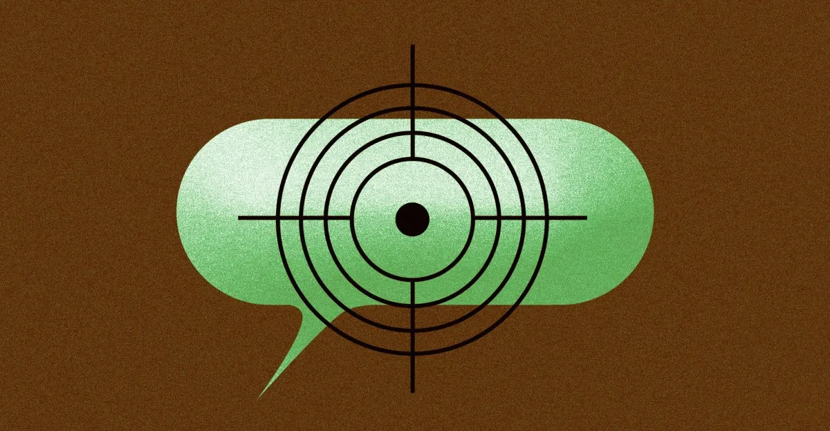 Abstract illustration: A speech bubble overlaid with a target, symbolizing focused communication.