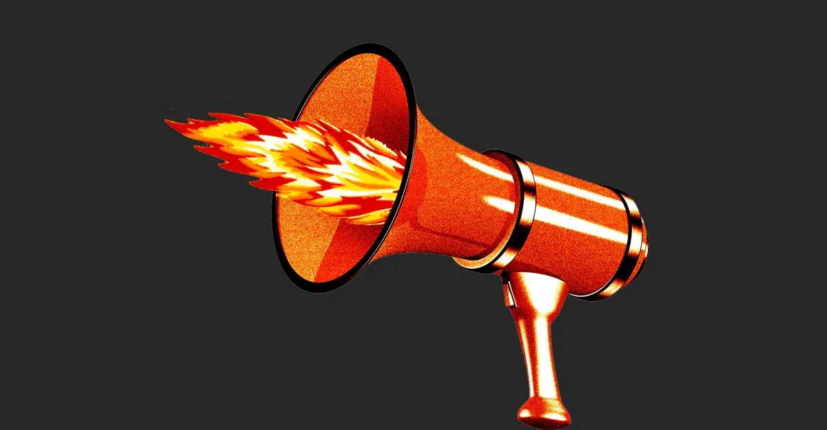 Orange megaphone emitting flames, symbolizing passionate speech or fiery debate.