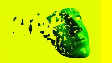 Abstract art of a fragmented green face against a bright yellow background. Represents identity crisis or digital decay.