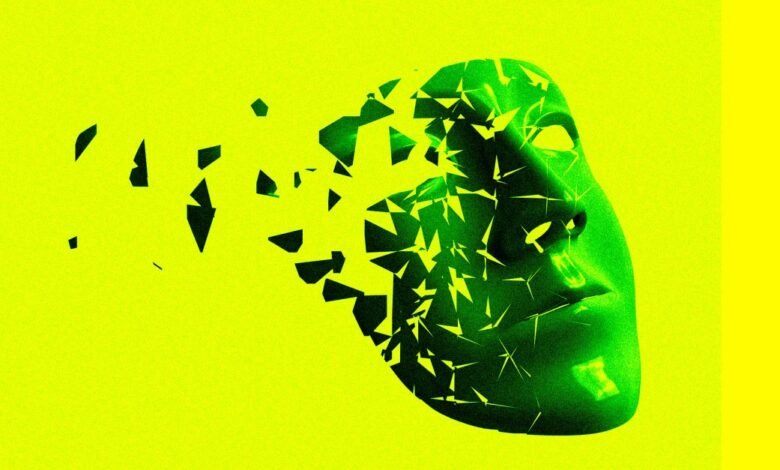 Abstract art of a fragmented green face against a bright yellow background. Represents identity crisis or digital decay.