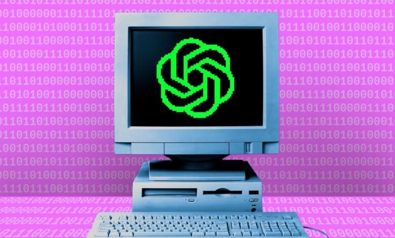 Retro computer displaying a green pixel art design against a pink binary code background.