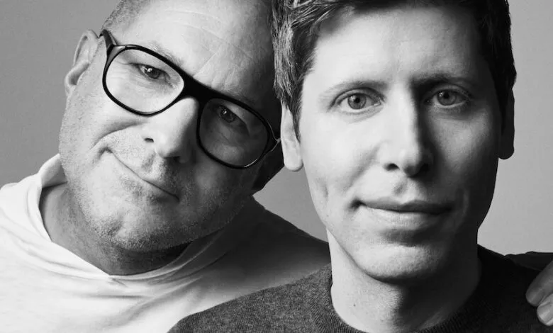 Black and white portrait of Sam Altman and Jony Ive, shoulder to shoulder.