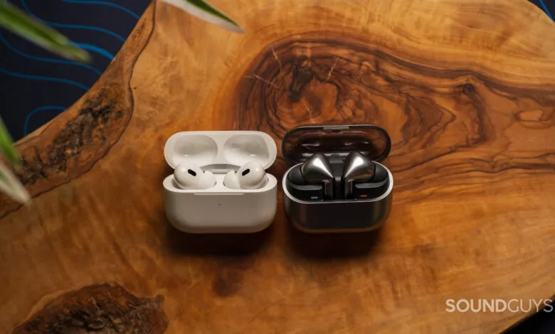 Samsung Galaxy Buds3 Pro and Apple AirPods Pro 2nd gen in their charging cases, side-by-side comparison.