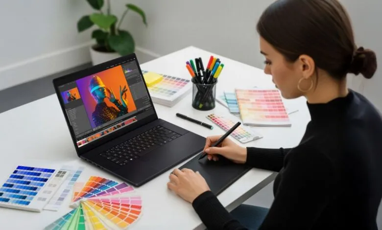 Graphic designer uses a pen tablet to edit a vibrant image on a laptop.