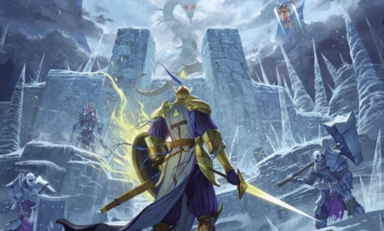Fantasy knight faces icy fortress, monstrous creature looms. Epic battle scene.