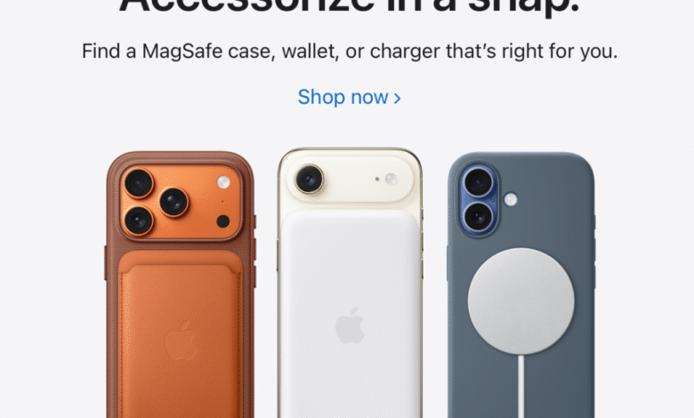 iPhone MagSafe accessories: leather case with wallet, white battery pack, and blue silicone case with charger.