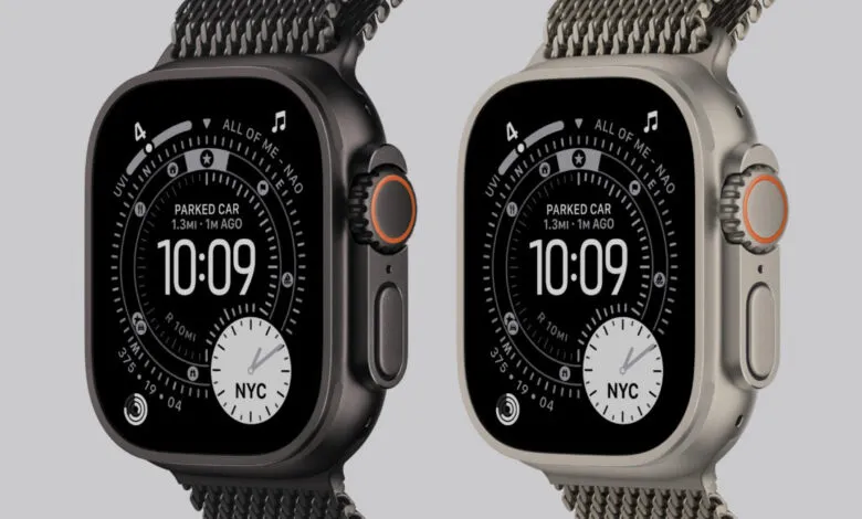 Two Apple Watches with dark and light gray cases and matching bands display a custom watch face showing time, location, and parked car information.